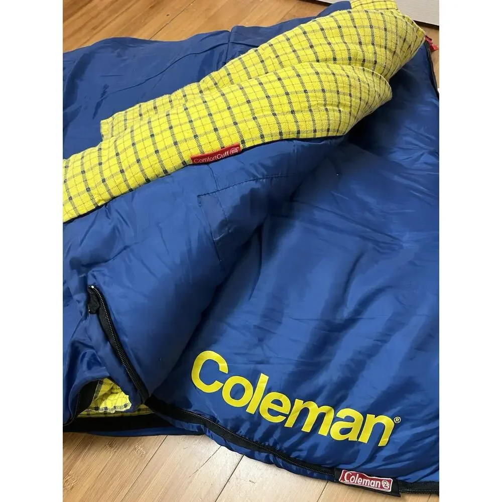 Vintage Coleman Blue Sleeping Bag Heavy Yellow Cotton Flannel Plaid inside 33x75